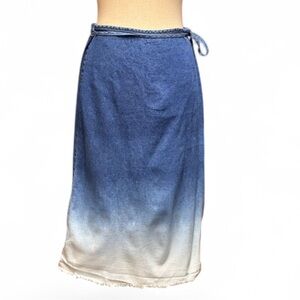 Vintage 90s Japanese Brand Seraph Womens Blue Denim Ombre Wrap Raw Hem Skirt